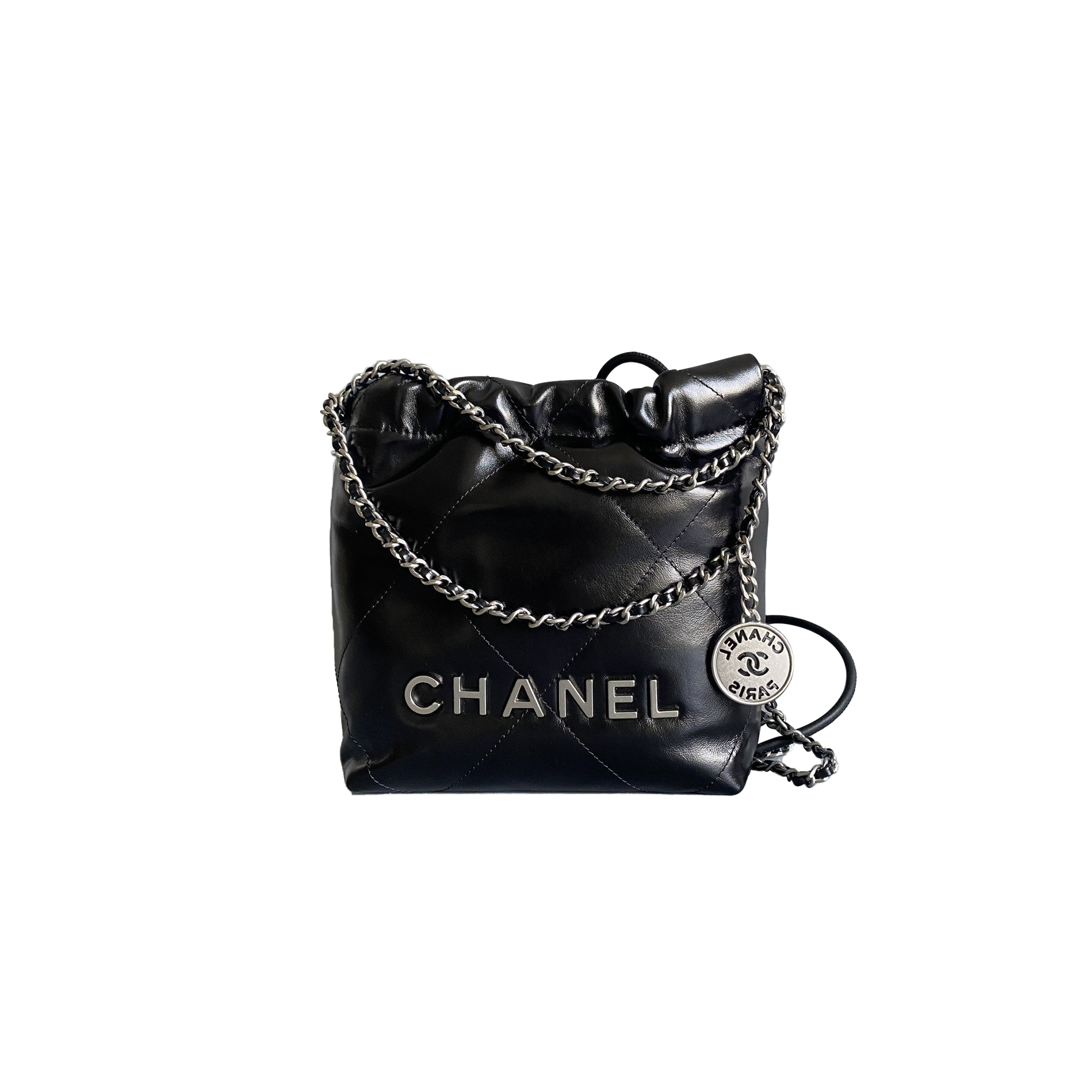 CHANEL MASTER BLACK QUILTED CALFSKIN MINI 22 BAG SILVER HARDWARE AS3980 (20*19*6cm)